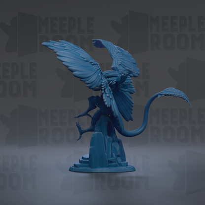 A blue dragon figurine with outstretched wings stands on a pedestal against a dark background with repeated text.