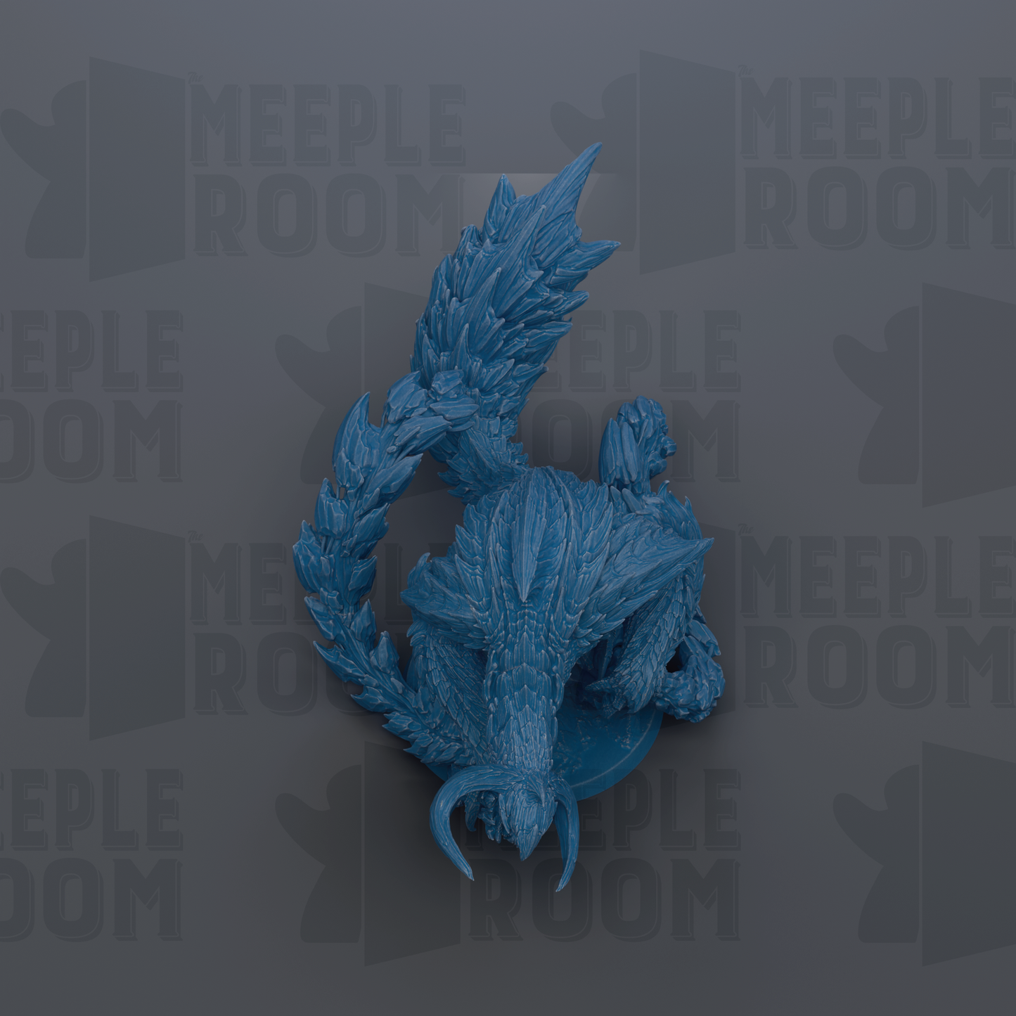 A blue, fantastical creature resembling a dragon or serpent is prominently displayed against a dark background with repeated text.