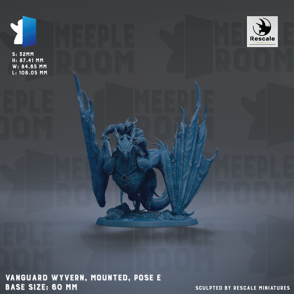 a blue dragon figurine, specifically the Vanguard Wyvern, which is mounted on a base and is described as a pose. The base size of the figurine is 60 millimeters.