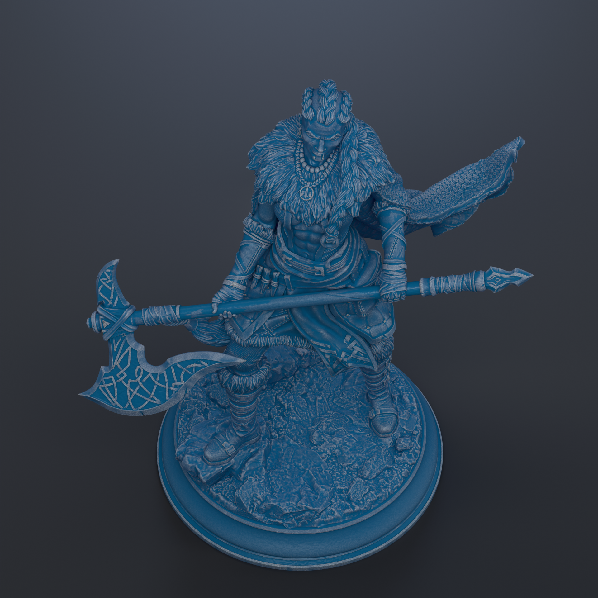 A 3D rendering of a warrior figure holding a large weapon, standing on a platform.
