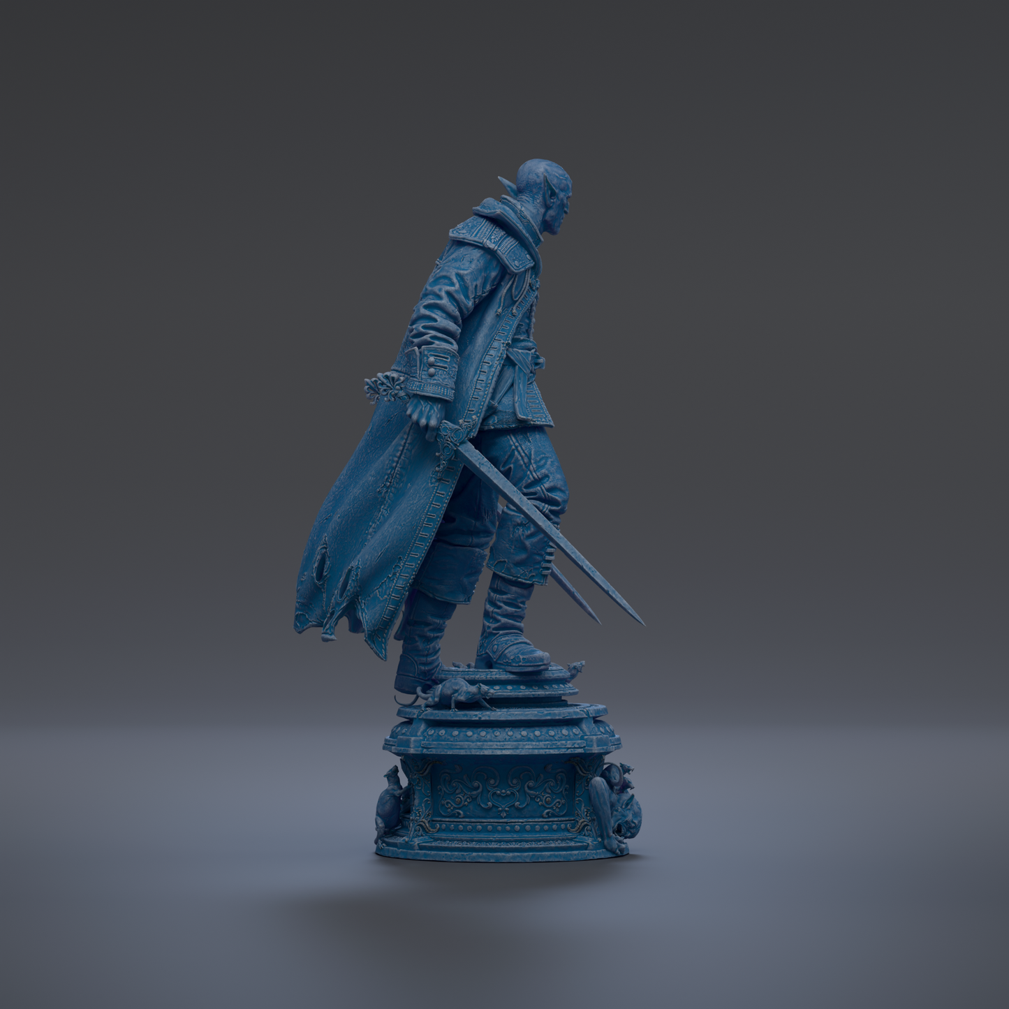 A blue statue of a man standing on a pedestal, holding a sword in his right hand.