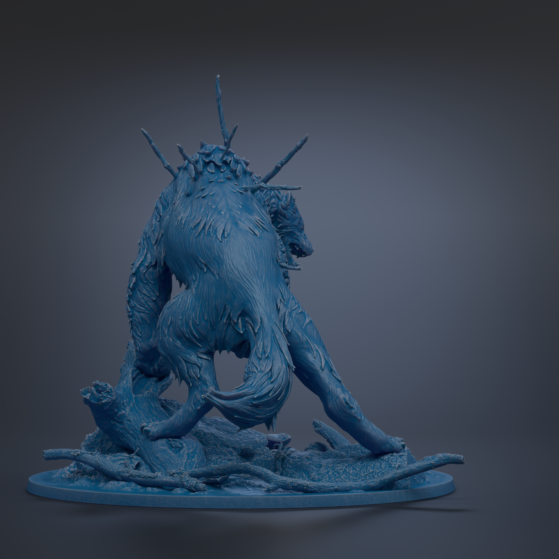 A blue, 3D-rendered sculpture depicting a fantastical creature with sharp teeth and claws, standing on a rock formation.