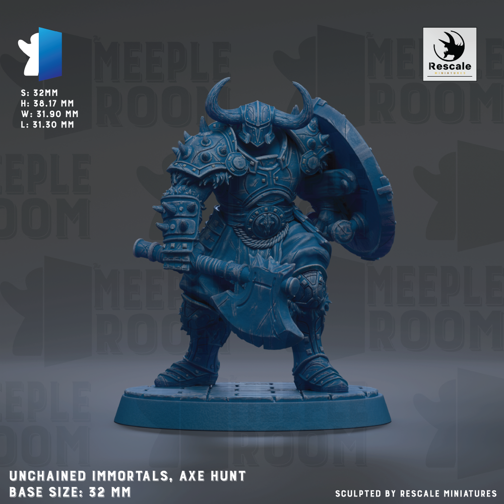 a blue armored warrior figure holding a shield and sword, standing on a base. The base size is 32mm.