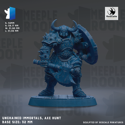a blue armored warrior figure holding a shield and sword, standing on a base. The base size is 32mm.