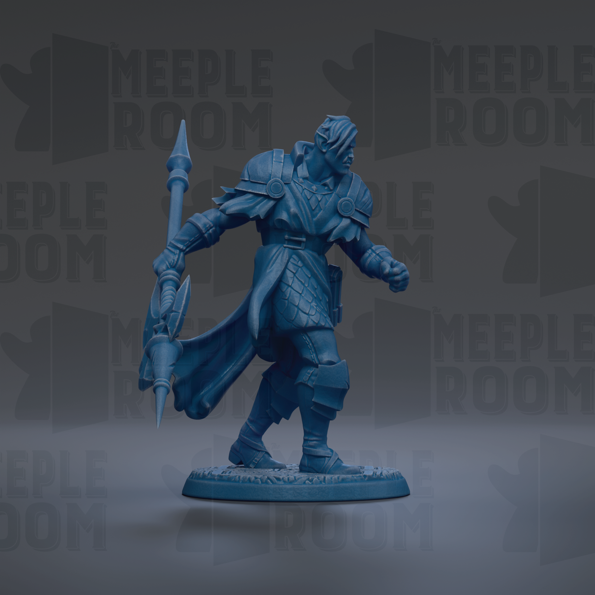 A blue figurine of a warrior figure holding a spear and shield, standing on a base.