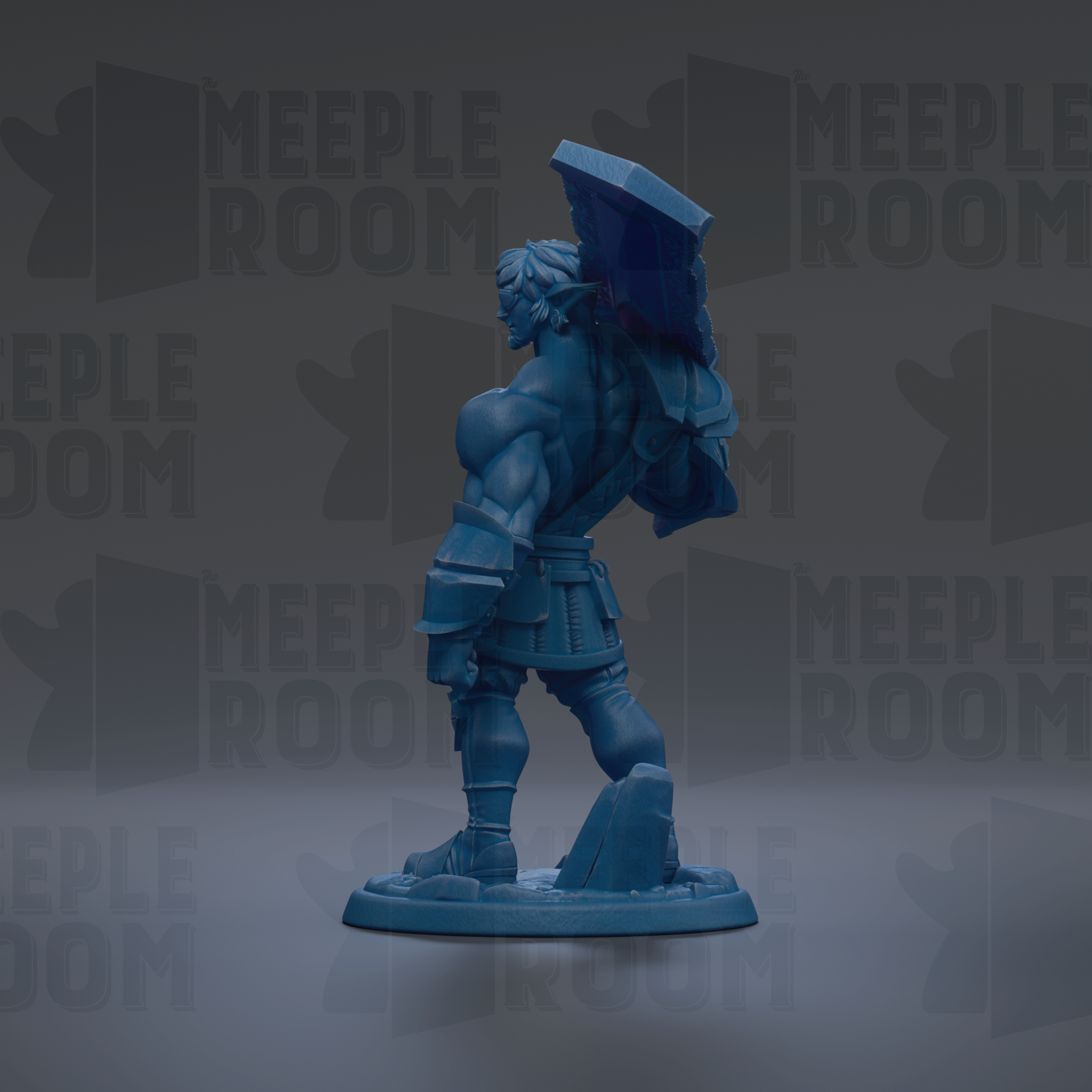 A blue figurine of a muscular, armored character stands on a base against a dark background with repeated text.