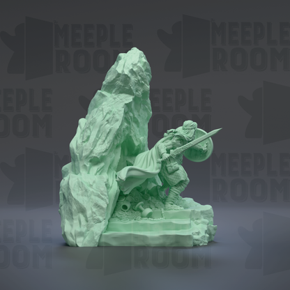 A green 3D model of a warrior figure holding a shield and sword, standing on a rocky base.