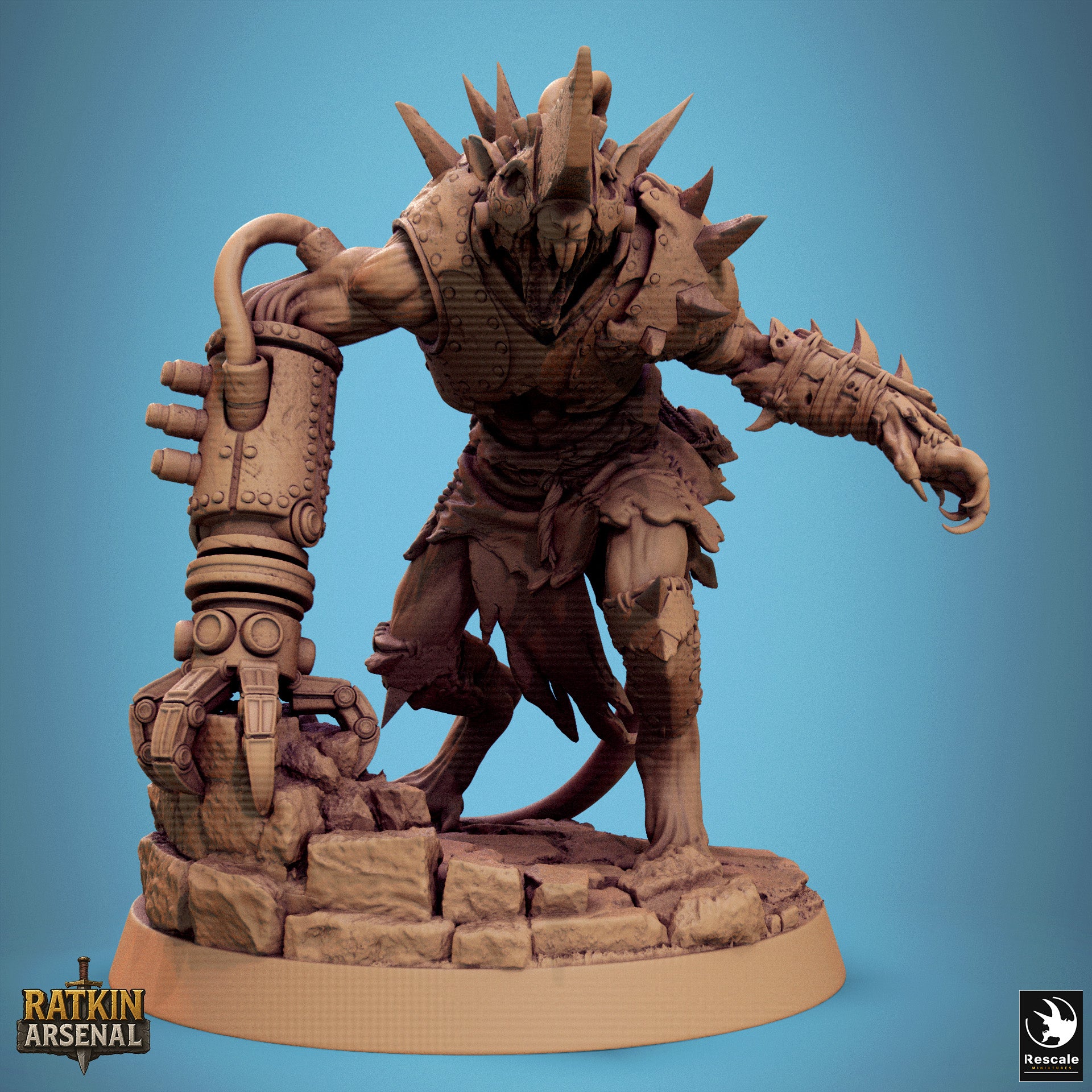 A 3D rendering of a robotic or mechanical creature with spikes and a claw-like appendage, standing on a rocky base.