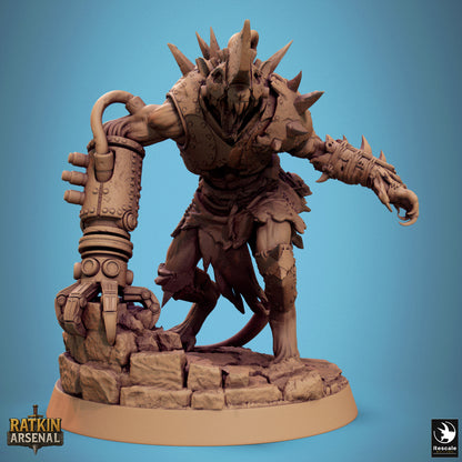 A 3D rendering of a robotic or mechanical creature with spikes and a claw-like appendage, standing on a rocky base.