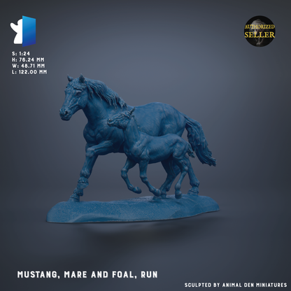 a blue statue of a horse and a foal running together.