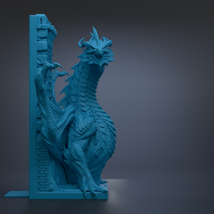 A 3D rendering of a blue dragon-like creature with sharp teeth and claws, standing on a brick wall.