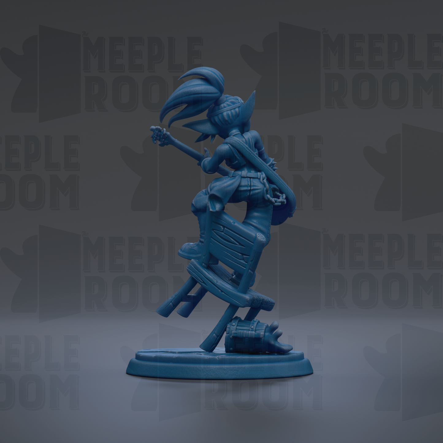 A blue figurine of a person playing a guitar, standing on a platform.