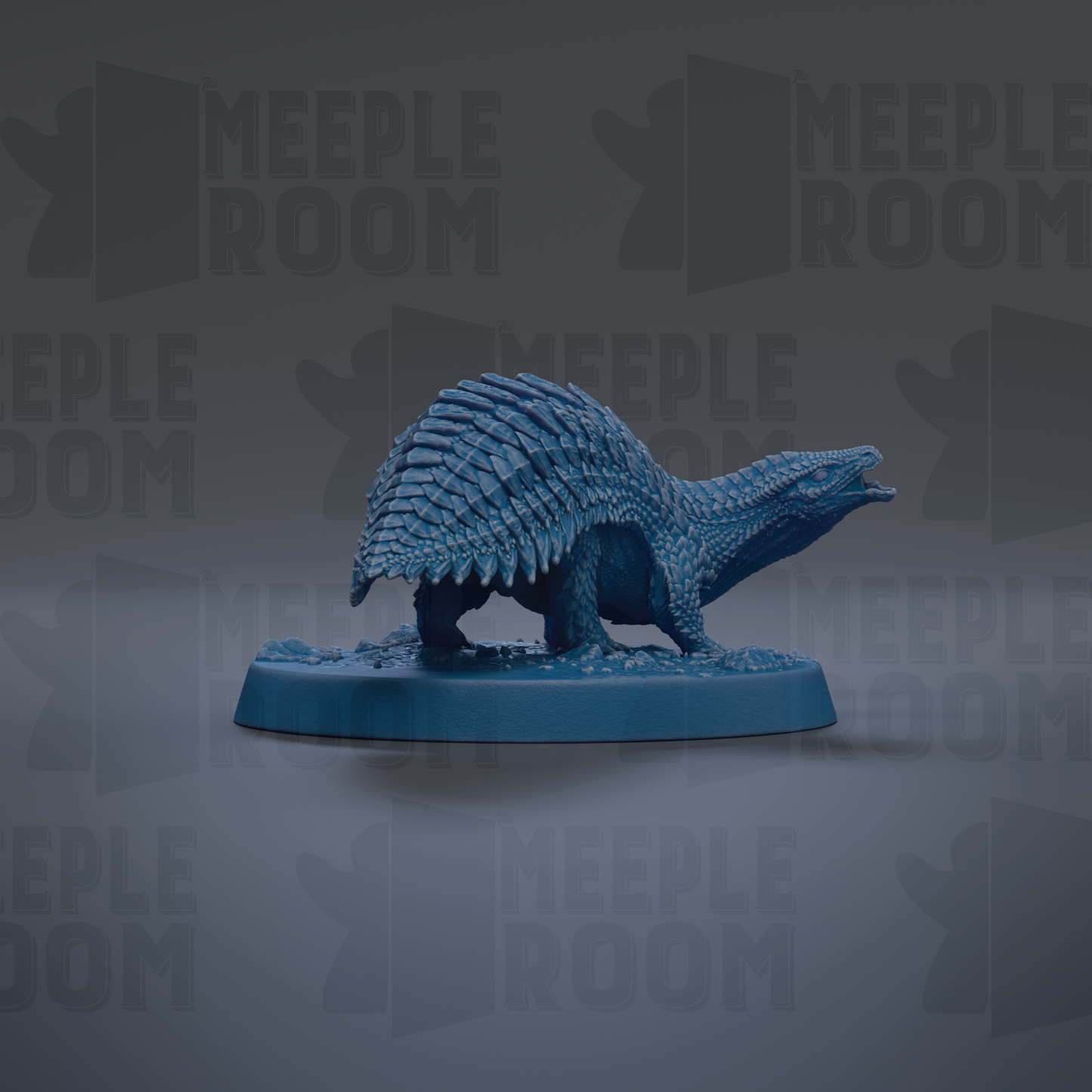A blue armored dinosaur figurine is displayed on a blue base against a dark background with repeated text.