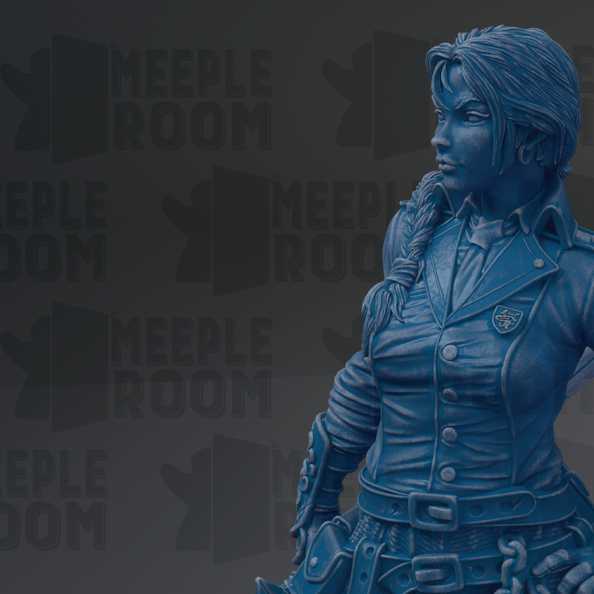 A blue statue of a woman with a serious expression, wearing a military-style outfit, stands against a dark background with repeated "MEUPLE ROOM" text.