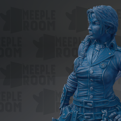 A blue statue of a woman with a serious expression, wearing a military-style outfit, stands against a dark background with repeated "MEUPLE ROOM" text.