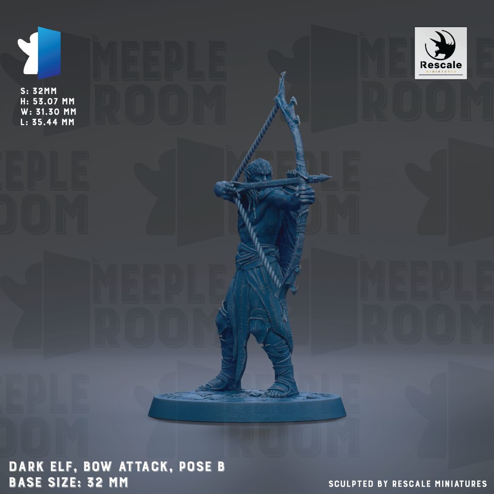 a dark blue figurine of a bow attack pose, with the text "Dark Elf, Bow Attack, Pose B" and "Base Size: 32mm" visible.