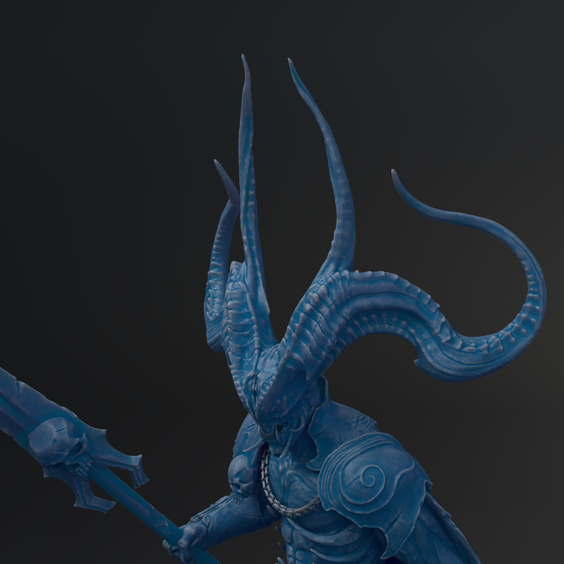 A blue, fantastical creature with large, curved horns and a detailed, intricate design on its body, holding a weapon.