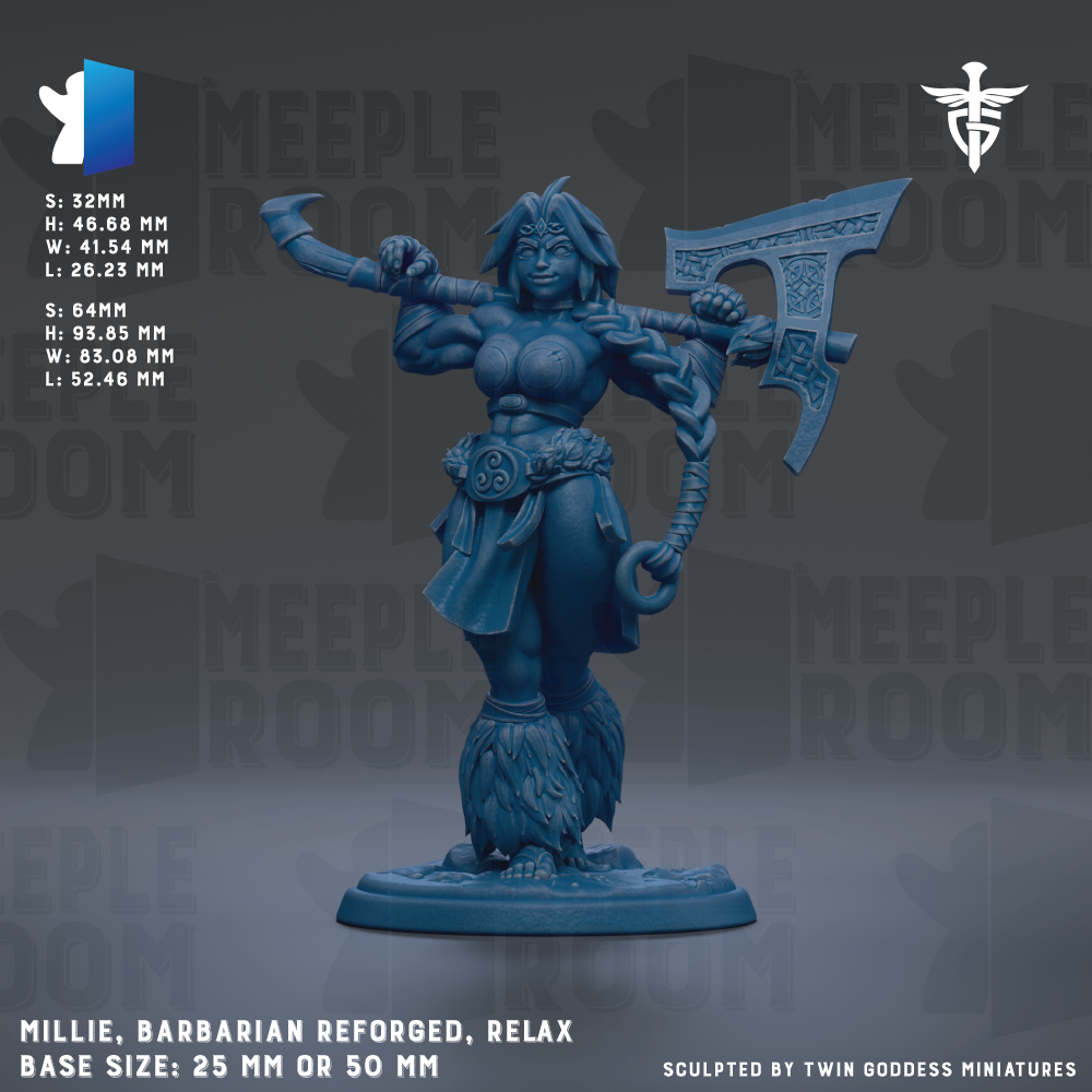 a female warrior figure, specifically a female barbarian who has been reforged and is relaxed. The base size of the figure is either 25mm or 50mm. The image is sculpted by Twin Goddess Miniatures.