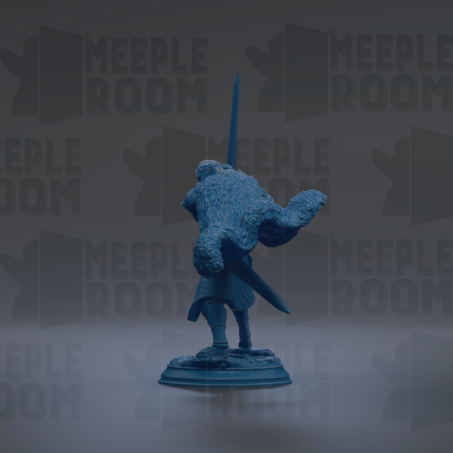 A blue statue of a person holding a sword stands in the center of the image against a dark background with repeated "MEIPLLE ROOM" text.