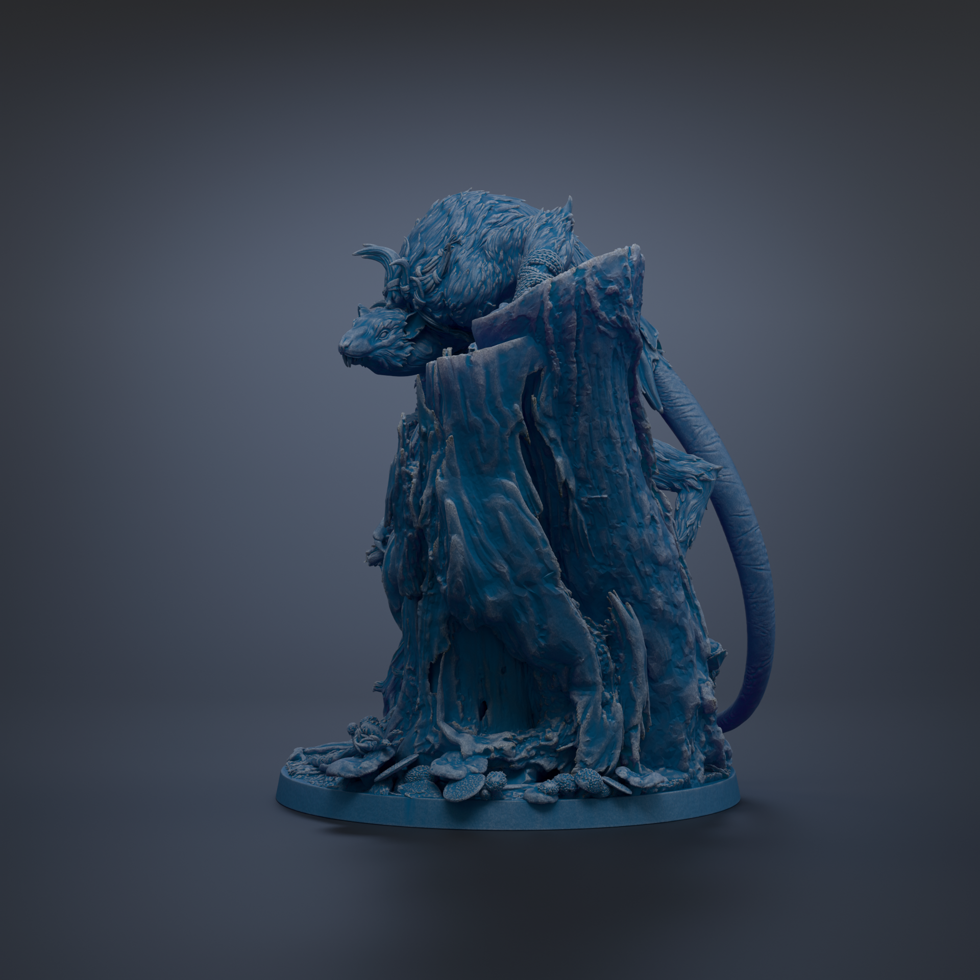 A dark blue, sculpted figurine of a creature with a long, curved tail and sharp teeth, standing on a rock formation.