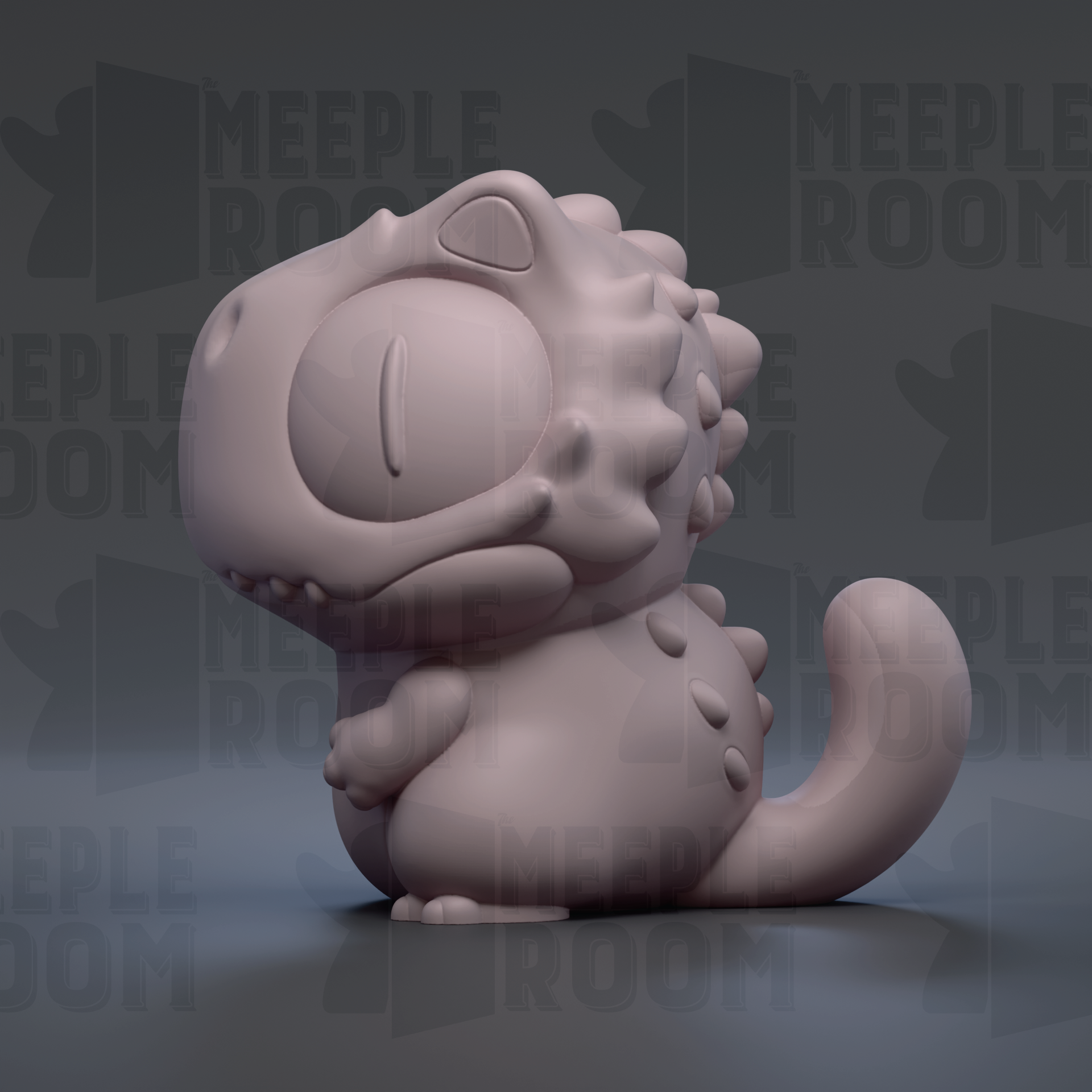A 3D rendering of a cute, cartoon-like dinosaur or monster with a large head and small body, sitting on its hind legs.