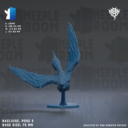 A 3D model of a blue dragon-like creature with large wings, displayed on a base.