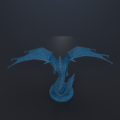 A blue dragon figurine with outstretched wings is depicted against a dark background.