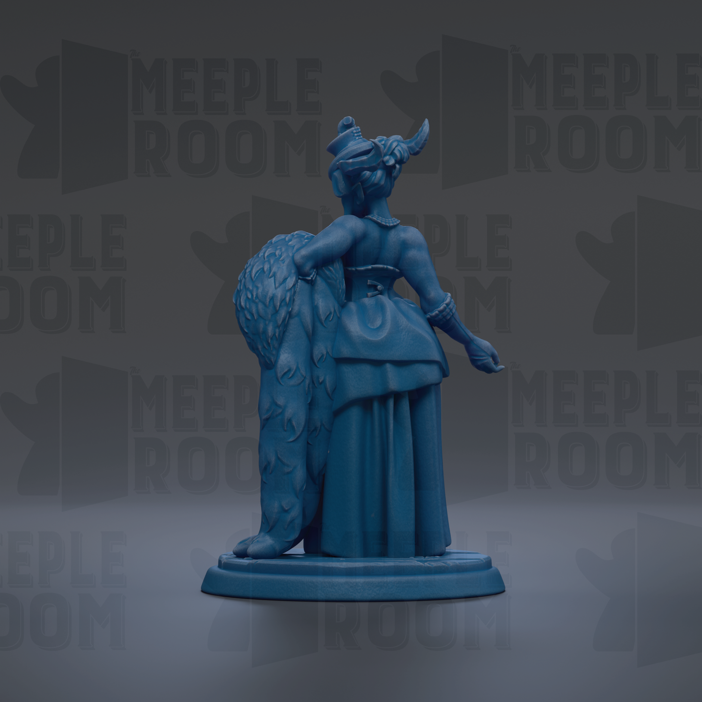 A blue statue of a woman with a large headdress and a long skirt, standing on a pedestal.