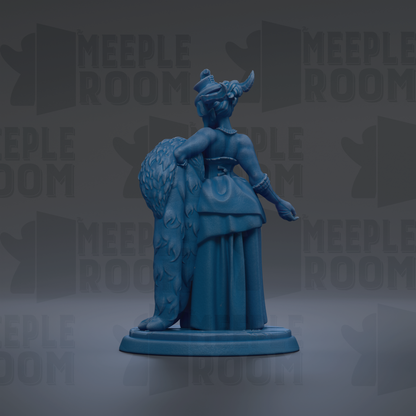 A blue statue of a woman with a large headdress and a long skirt, standing on a pedestal.