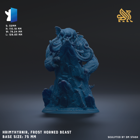 A 3D printed model of a frost horned dragon statue, with a dark blue color and intricate details.