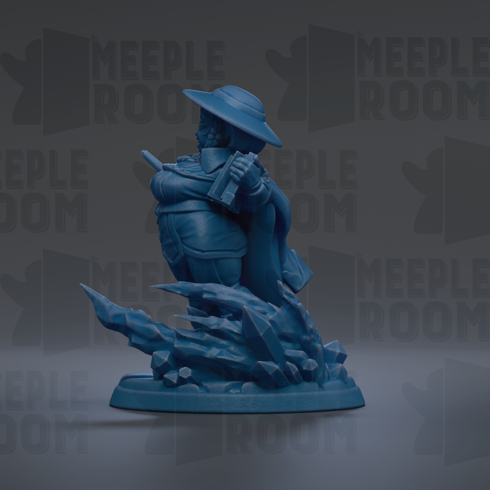 A blue figurine of a person standing on a rock formation, with the text "MEUPLE ROOM" repeated in the background.