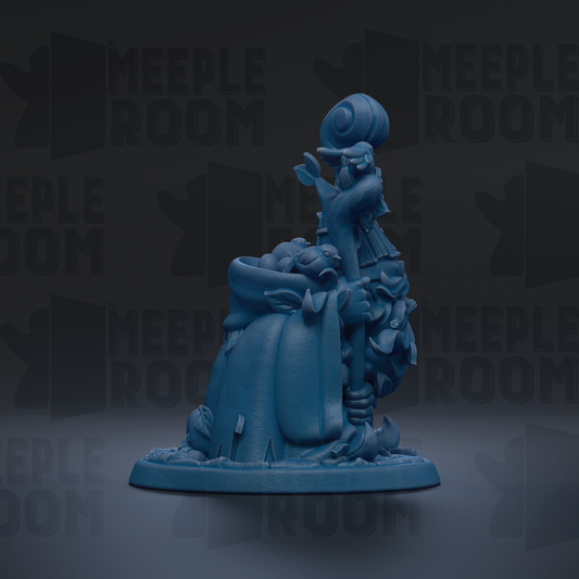 A blue figurine of a person sitting on a rock, with a large shell on their head, against a dark background with repeated text.