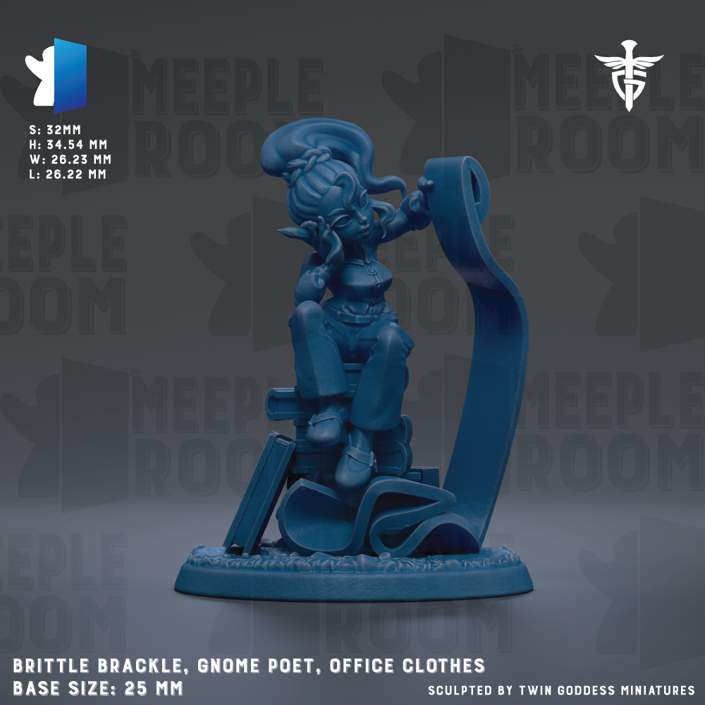 A figurine of a gnome-like character, wearing office clothes, sitting on a desk and holding a scroll. The figurine is blue in color and appears to be made of a material that resembles plastic or foam. The image is described as a "base size: 25mm" and "sculpted by twin goddesses miniatures".