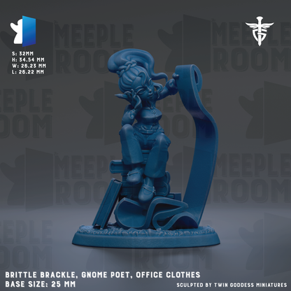 A figurine of a gnome-like character, wearing office clothes, sitting on a desk and holding a scroll. The figurine is blue in color and appears to be made of a material that resembles plastic or foam. The image is described as a "base size: 25mm" and "sculpted by twin goddesses miniatures".