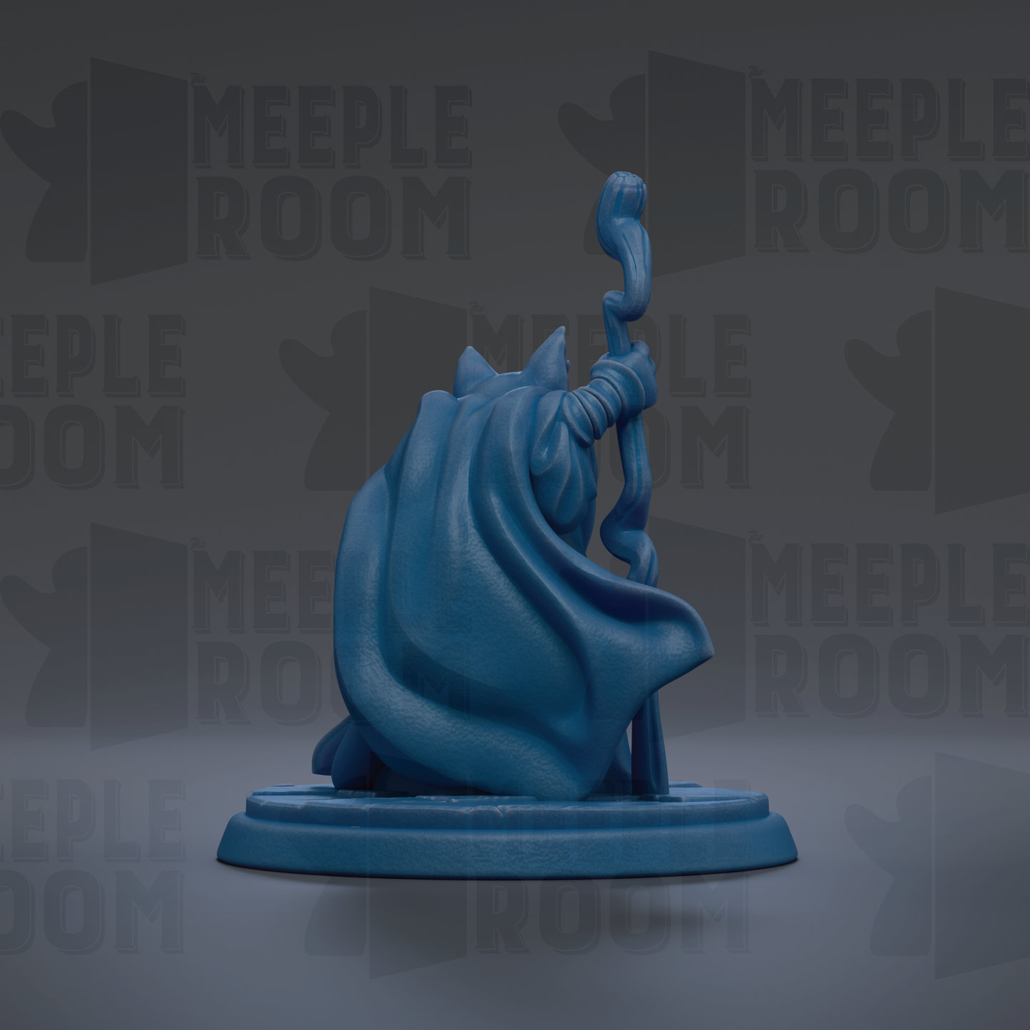 A blue figurine of a person holding a staff, sitting on a base, against a dark background with repeated text.