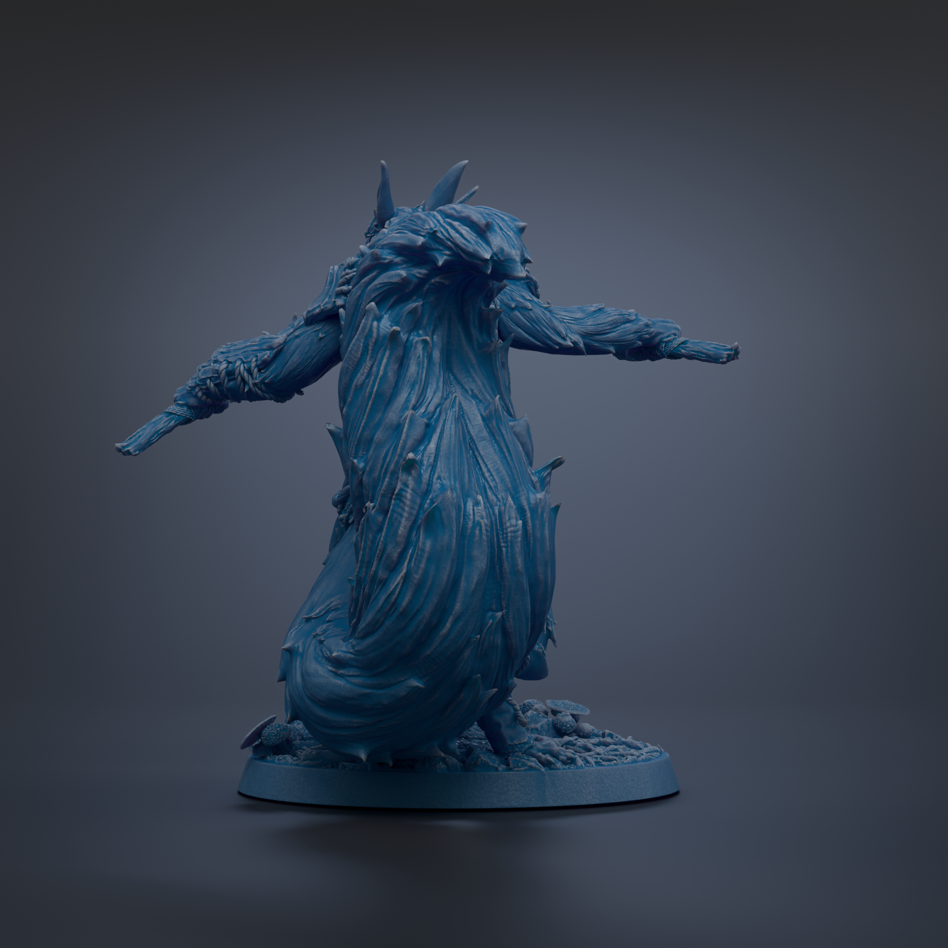 A blue, abstract sculpture with flowing, organic shapes and textures, standing on a base against a dark background.