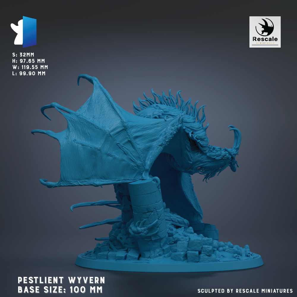 The image is a 3D model of a Pestlent Wyvern, a mythical creature from the fantasy world of the video game Wyvern. The model is depicted in a detailed, blue-colored form, with a large, spiky head and a long, curved tail. The base of the model is 100 millimeters in size. The image is a 3D rendering of the Pestlent Wyvern, and it is presented against a dark background.