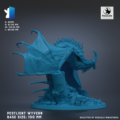 The image is a 3D model of a Pestlent Wyvern, a mythical creature from the fantasy world of the video game Wyvern. The model is depicted in a detailed, blue-colored form, with a large, spiky head and a long, curved tail. The base of the model is 100 millimeters in size. The image is a 3D rendering of the Pestlent Wyvern, and it is presented against a dark background.