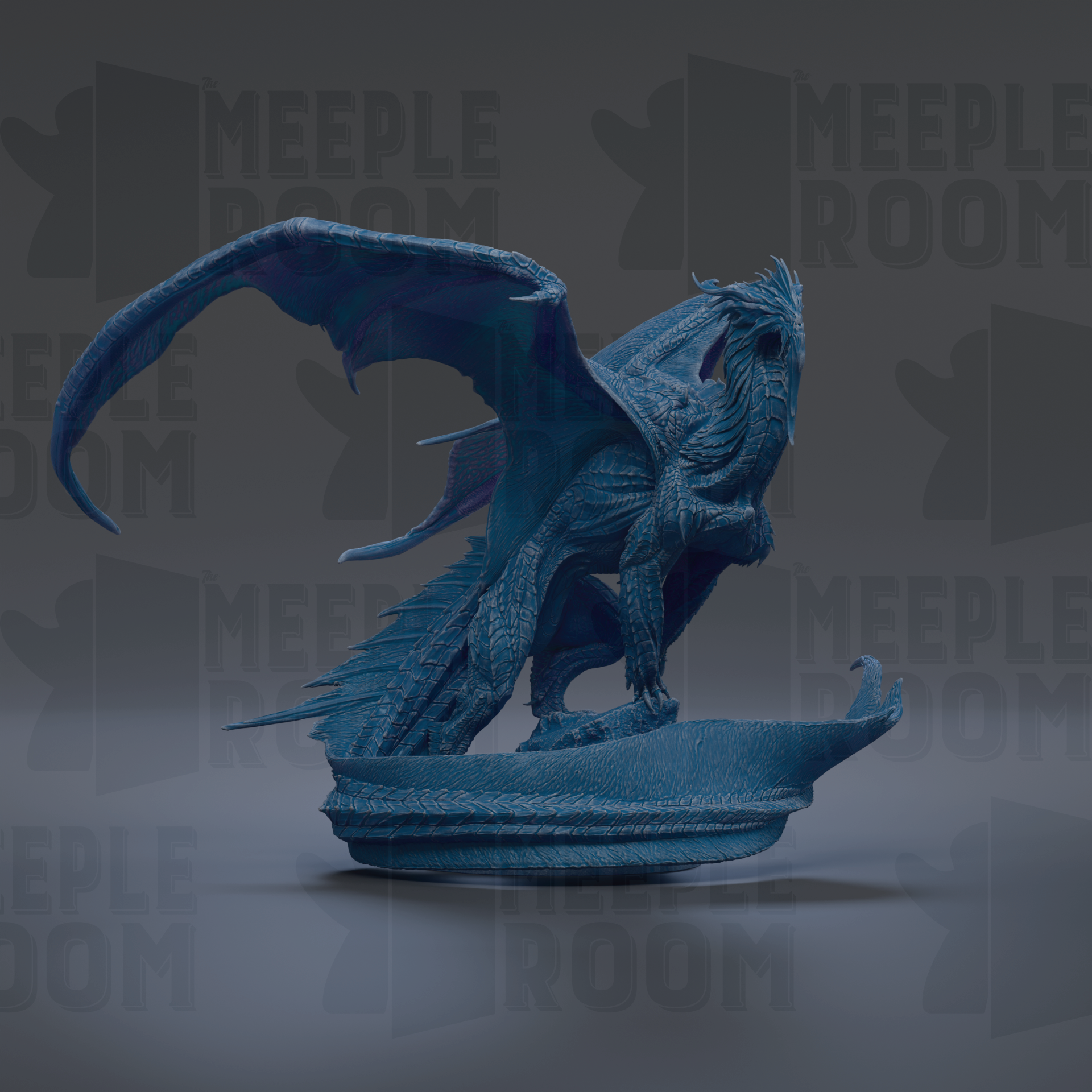 A blue dragon statue with outstretched wings, standing on a platform against a dark background.