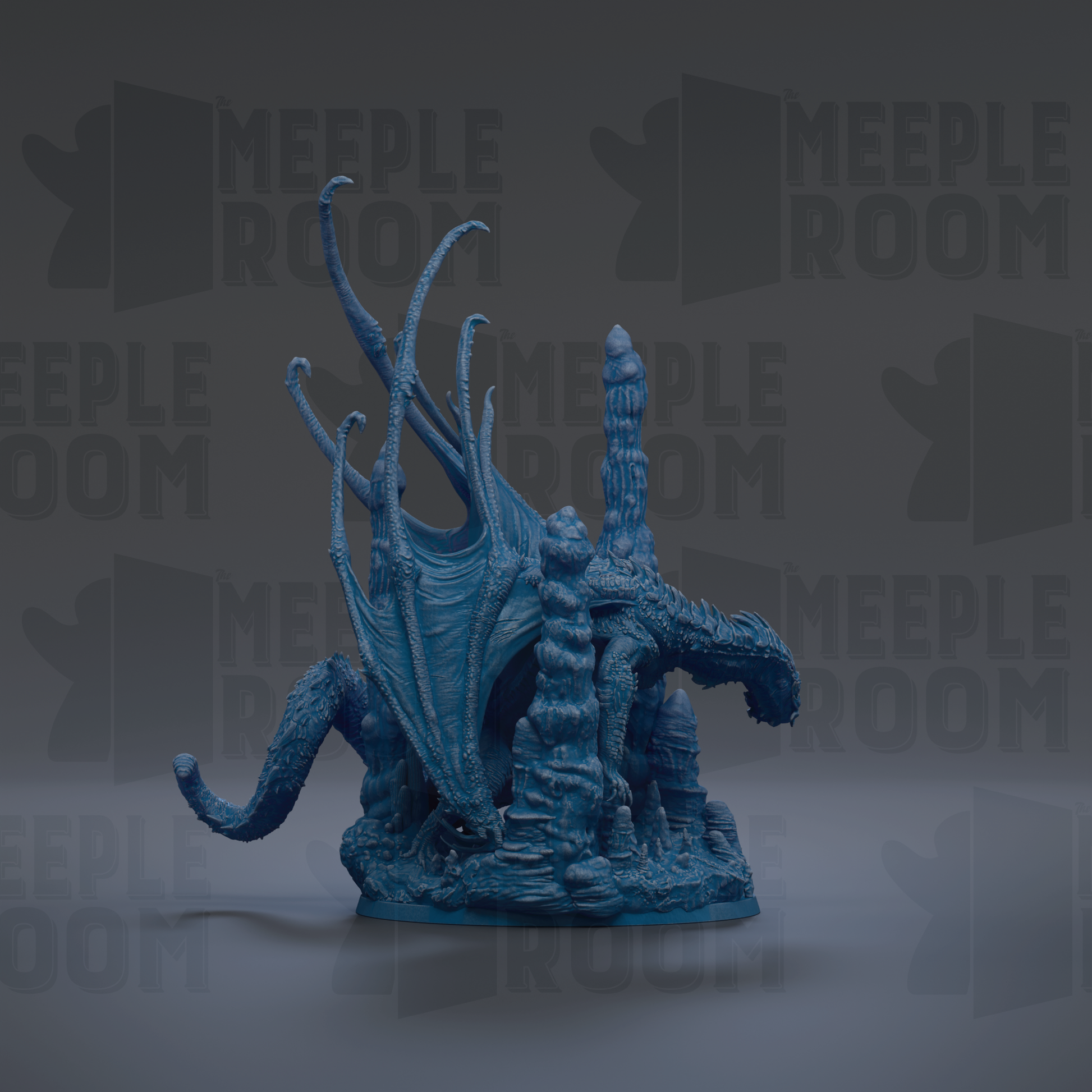 A blue, 3D-rendered dragon figurine is displayed against a dark background with repeated text.