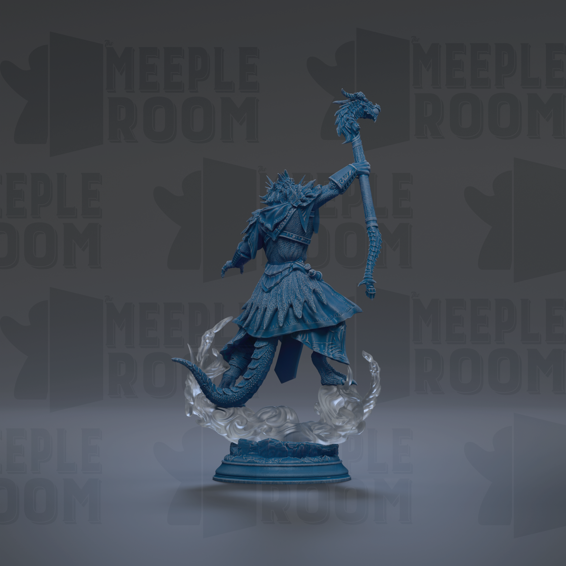 A blue statue of a deity or mythical figure holding a staff and standing on a pedestal against a dark background with repeated text.