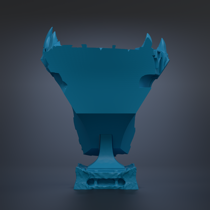 A blue, 3D-rendered trophy or trophy-like object with a pointed top and a base, standing against a dark background.