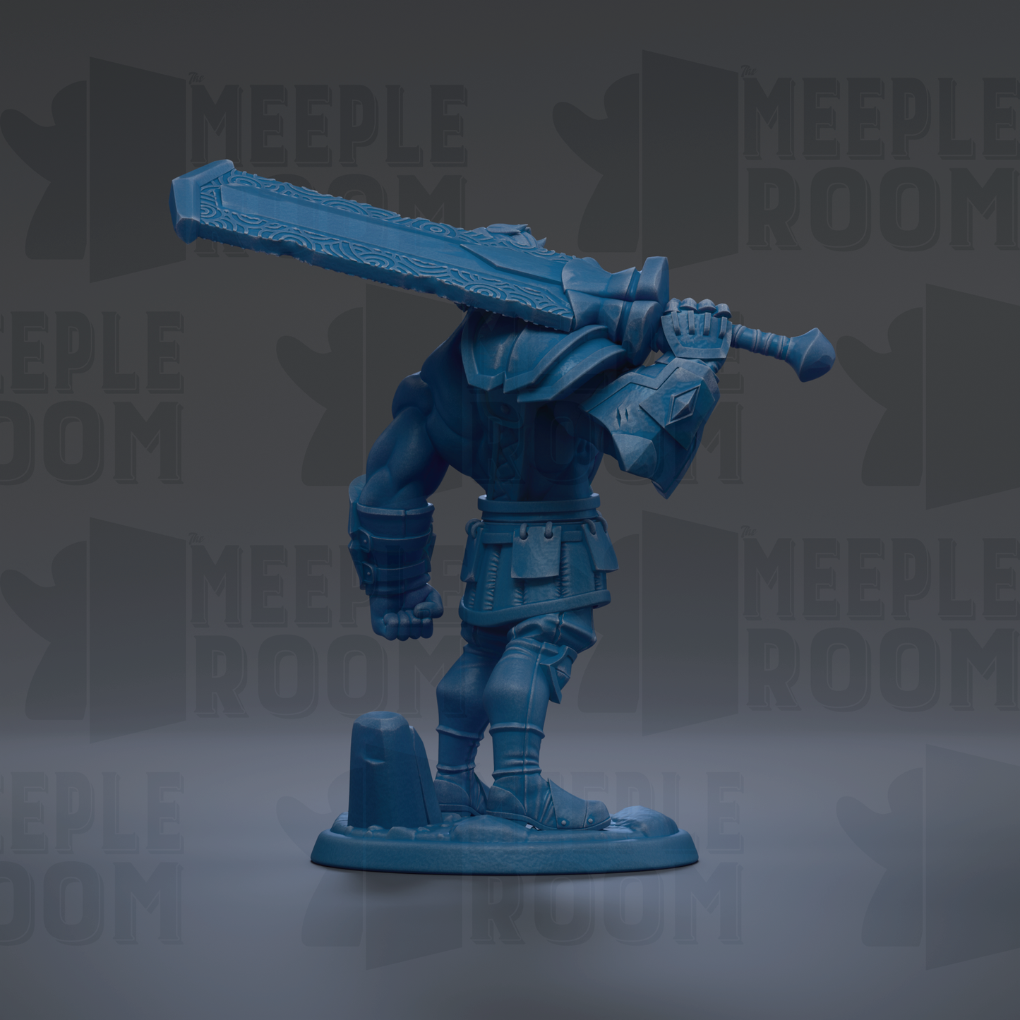 A blue toy figurine of a warrior standing on a base, holding a large sword in its right hand.