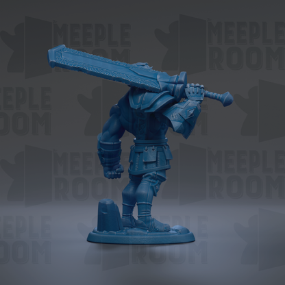 A blue toy figurine of a warrior standing on a base, holding a large sword in its right hand.