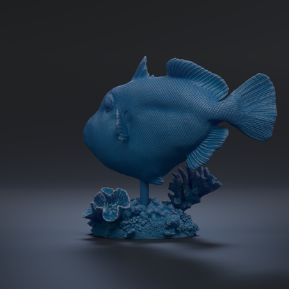 A blue, 3D-rendered fish figurine is displayed on a base with coral and other marine life, set against a dark background.