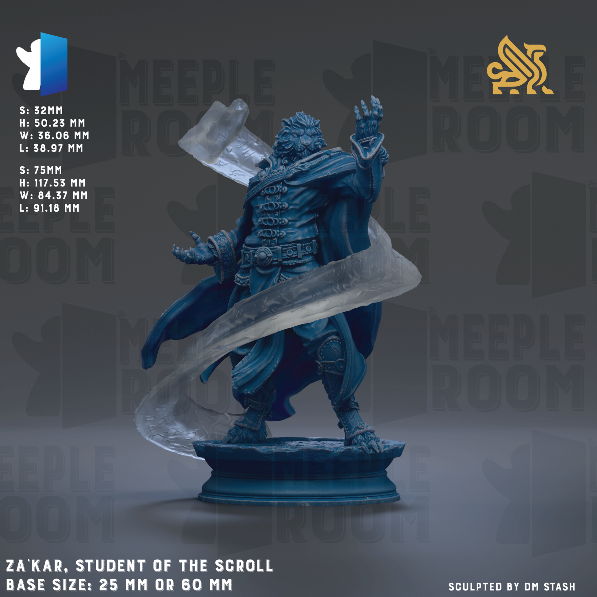 The image is a 3D rendering of a statue of a character, likely a student of the scroll, with a blue and black color scheme. The statue is depicted in a dynamic pose, with one arm raised and the other extended. The base sizes of the statue are 26 mm or 60 mm. The image is a collage of multiple images, and the phrase "ZAKAR, STUDENT OF THE SCROLL" is visible, along with the text "SUBJECT OF THE SCROLL" and "BASE SIZES: 26 MM OR 60 MM".