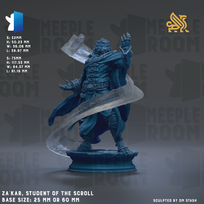 The image is a 3D rendering of a statue of a character, likely a student of the scroll, with a blue and black color scheme. The statue is depicted in a dynamic pose, with one arm raised and the other extended. The base sizes of the statue are 26 mm or 60 mm. The image is a collage of multiple images, and the phrase "ZAKAR, STUDENT OF THE SCROLL" is visible, along with the text "SUBJECT OF THE SCROLL" and "BASE SIZES: 26 MM OR 60 MM".