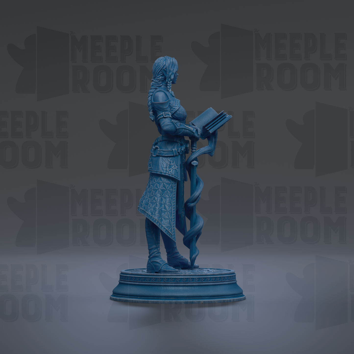 A blue statue of a woman holding a book and standing on a pedestal.