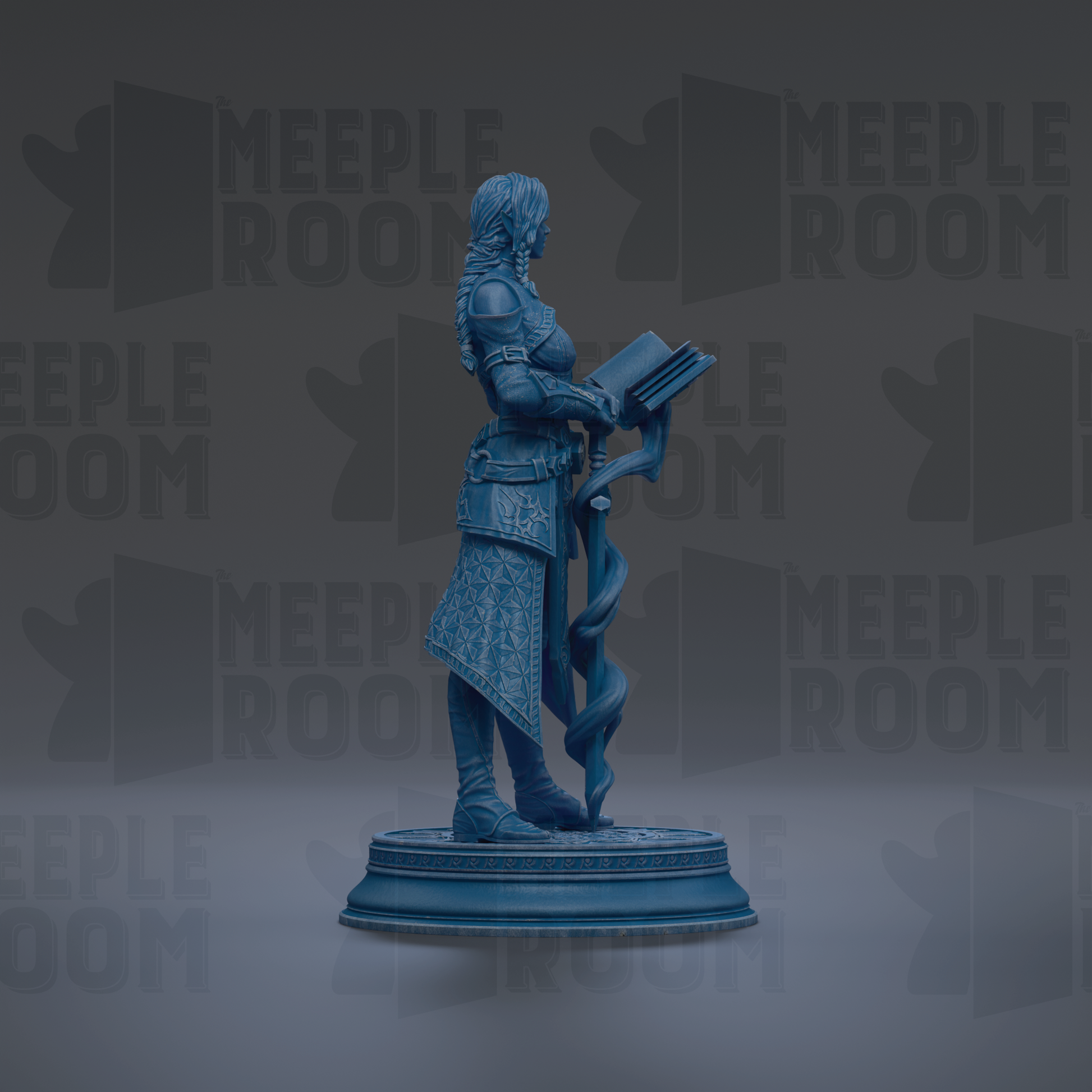 A blue statue of a woman holding a book and standing on a pedestal.