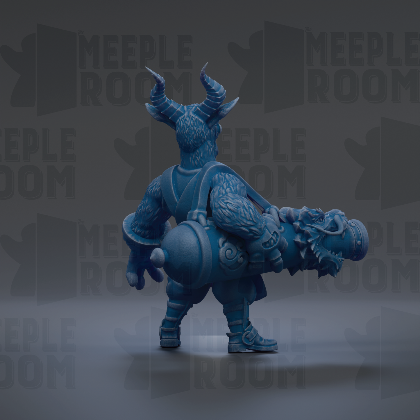 A blue, horned creature with a dragon-like head stands on a gray surface, surrounded by repeated "MEUPLE ROOM" text.